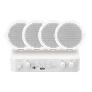 Kit de áudio híbrido com amplificador de rede de 80 W e 4 alto-falantes de teto de 6 W